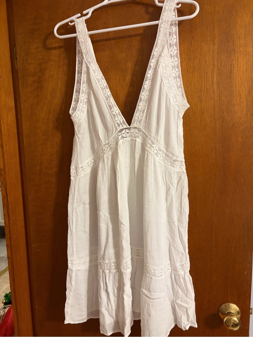 White Lace-Trim V-Neck Swim Coverup Dress